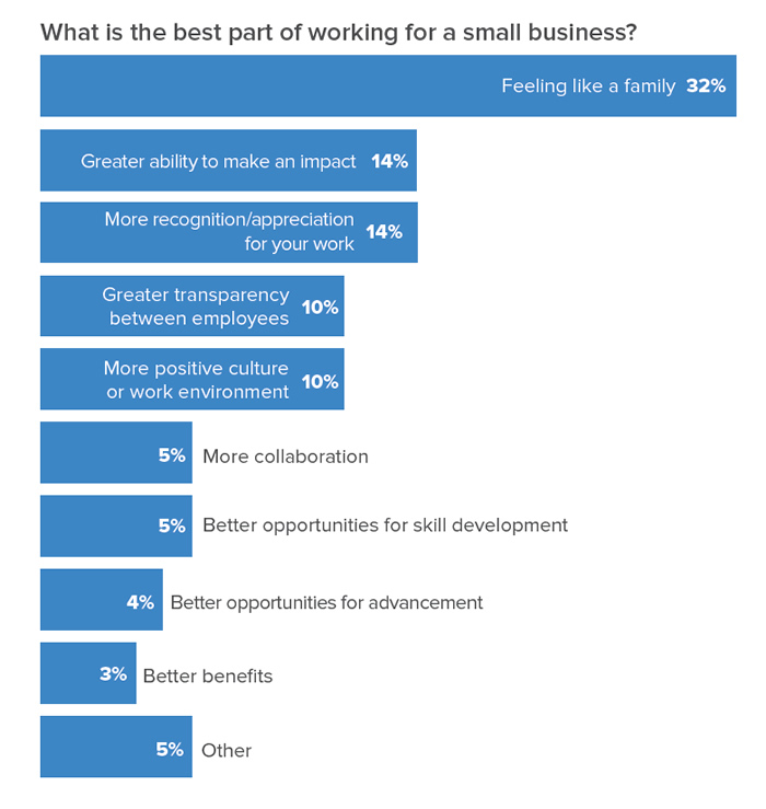 Chart data: What is the best part of working for a small business? 32% Feeling like a family; 14% Greater ability to make an impact; 14% More recognition/appreciation for your work; 10% Greater transparency between employees; 10% More positive culture or work environment; 5% More collaboration; 5% Better opportunities for skill development; 4% Better opportunities for advancement; 3% Better benefits; 5% Other.