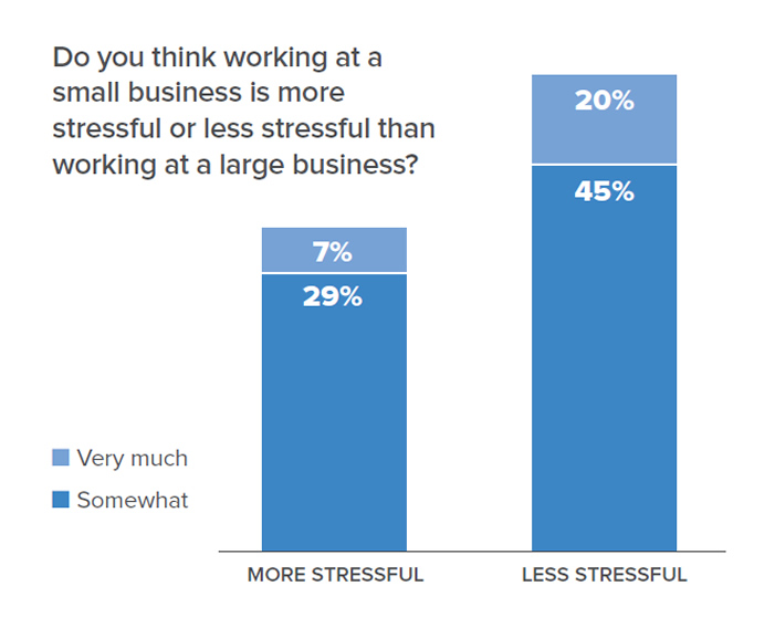Chart data; Do you think working at a small business is more stressful or less stressful than working at a large business? 7% said its very much more stressful; 29% said its somewhat more stressful; 20% said its very much less stressful; 45% said its somewhat less stressful.